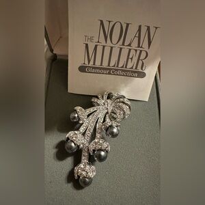 Nolan Miller Brooch Floral Spray Gray Pearls Rhinestones In Box